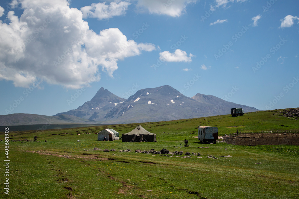 Aragats, Armenia - August 10, 2020: Tents of Yazidi nomad shepherds in the mountains of Armenia with mount Aragats in the background