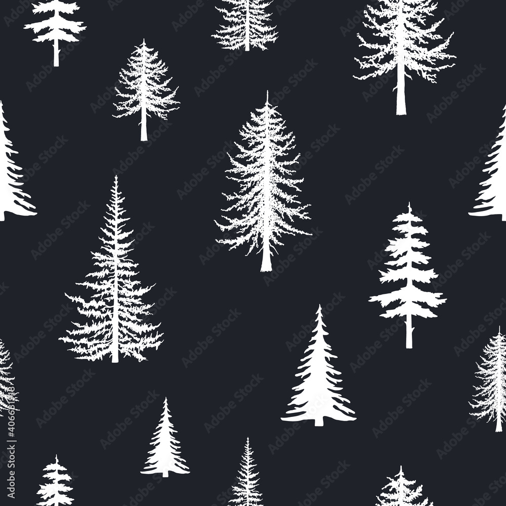 Coniferous trees silhouettes seamless pattern in black. Vector isoleted background with hand drawn firs. Conifer texture for fabric.
