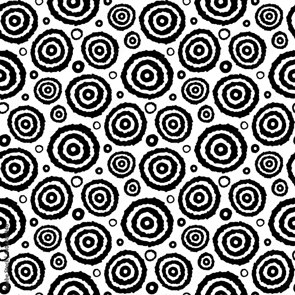 Assorted black ink circles isolated on white background. Monochrome geometric seamless pattern. Vector flat graphic hand drawn illustration. Texture. Assorted black ink circles isolated on white background. Monochrome geometric seamless pattern. Vector flat graphic hand drawn illustration. Texture.