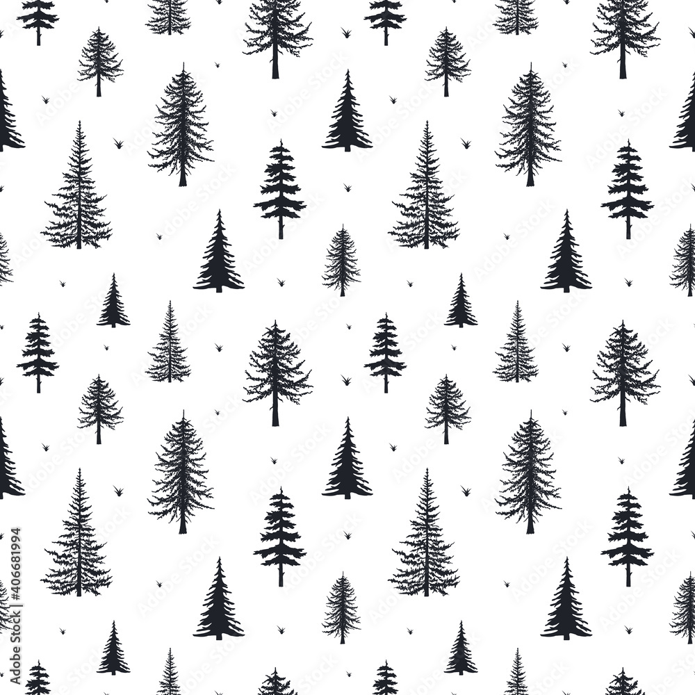 Obraz premium Coniferous trees silhouettes seamless pattern. Conifer texture for fabric. Vector isoleted background with hand drawn evegreen forest, firs and pines.