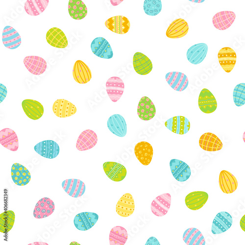 Spring background with painted Easter eggs. Digital paper. Vector hand-drawn illustration in pastel colors. Ideal for textiles, fabric printing