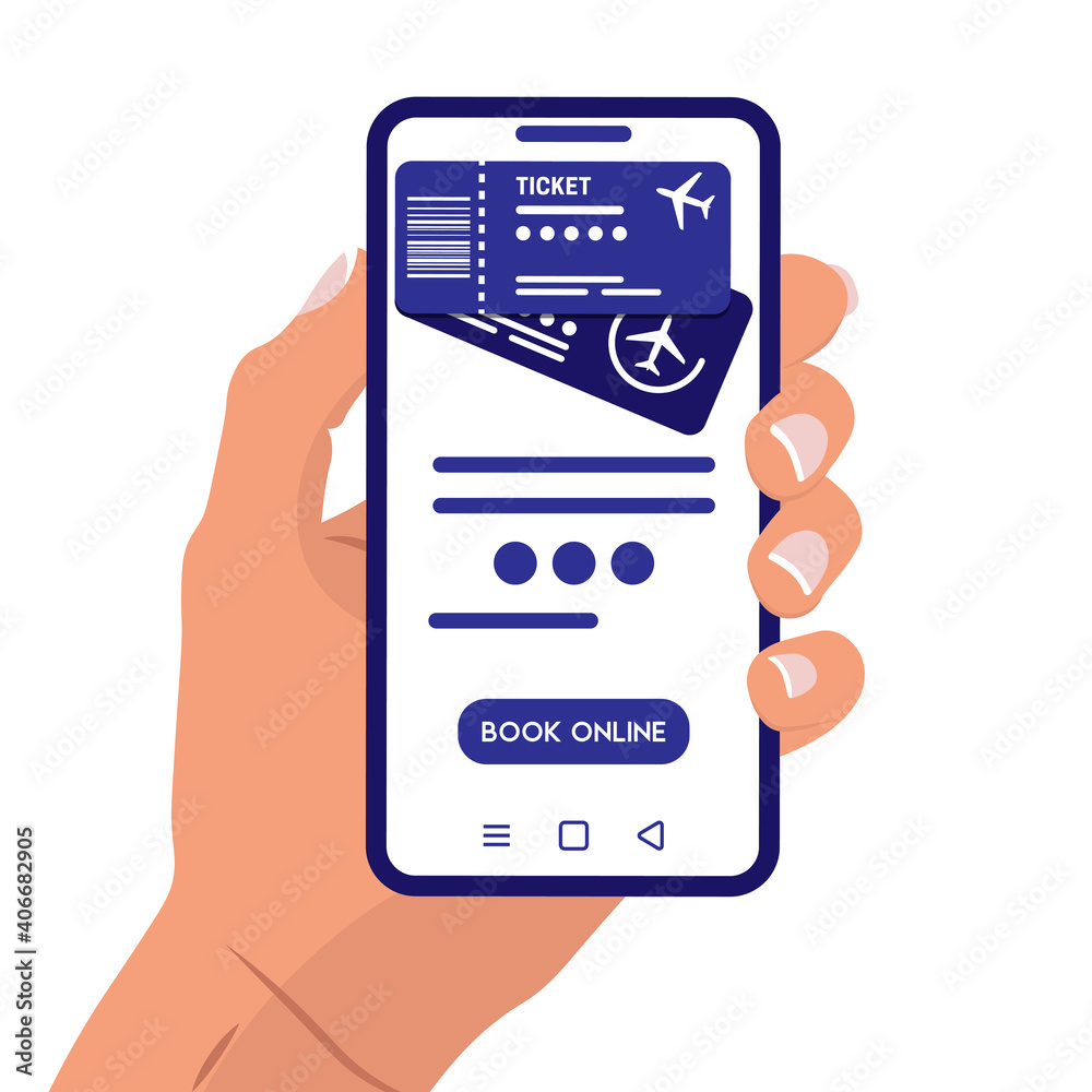 Female hand holds a white smartphone and book tickets online. Vector illustration. Booking tickets online concept Female hand holds a white smartphone and book tickets online. Vector illustration. Booking tickets online concept