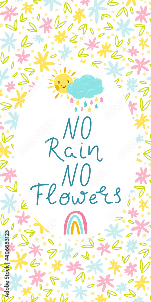 Spring card banner lettering. No rain, no flowers. Vertical composition against a background of small flowers. Cute colorful childish illustration of rainbow, clouds with rain and sun