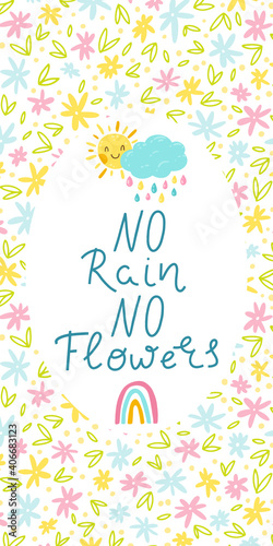 Spring card banner lettering. No rain, no flowers. Vertical composition against a background of small flowers. Cute colorful childish illustration of rainbow, clouds with rain and sun © Світлана Харчук