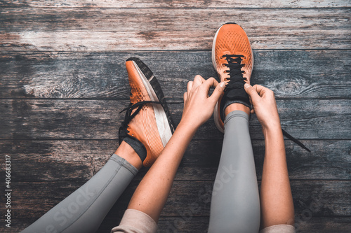 Woman getting ready to go for a run.