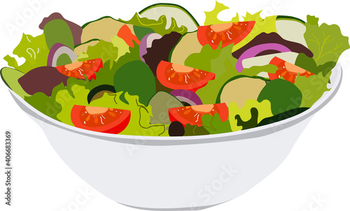Green salad with tomatoes and fresh vegetables isolated on white background. Healthy food.