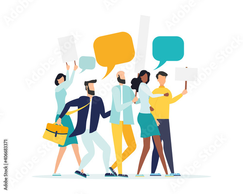 People holding signs on protest demostration or picket. Youth crowd against violence, pollution, discrimination, human rights violation - Vector illustration