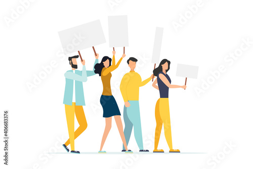 People holding signs on protest demostration or picket. Youth crowd against violence, pollution, discrimination, human rights violation - Vector illustration