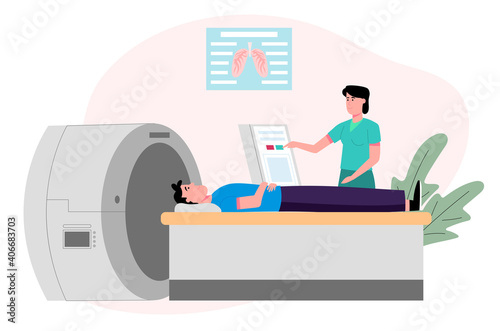 Female doctor with patient lying, magnetic resonance imaging analysis. Flat design illustration. Vector