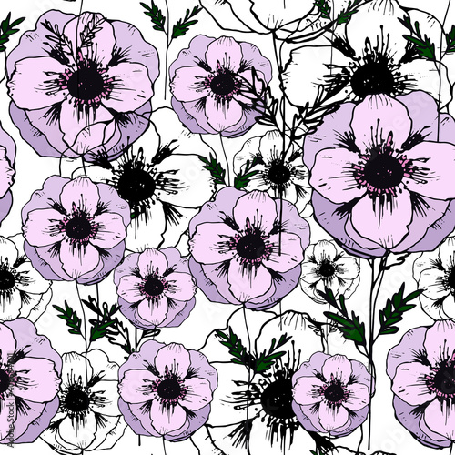 Vector seamless pattern with purple anempnes and their outlines on white background. EPS10