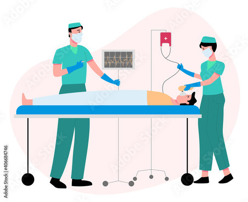 Medical treatment, patient with doctor and nurse. Flat design illustration. Vector