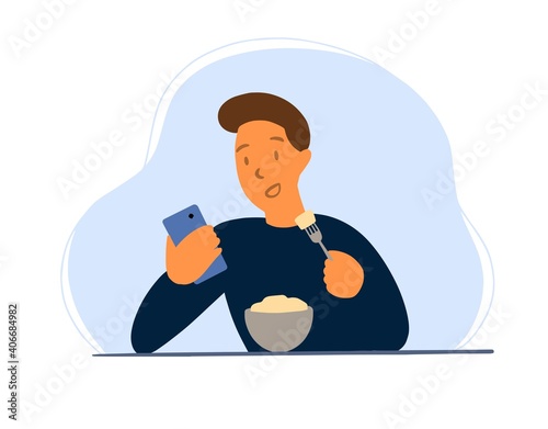 The young man with a phone at lunch. Phone addiction. Flat style illustration
