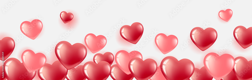 Happy Valentine s Day. Gel balloons-hearts red and pink. Horizontal banner with place for text. Happy Birthday, International Women s Day. Isolated white background.