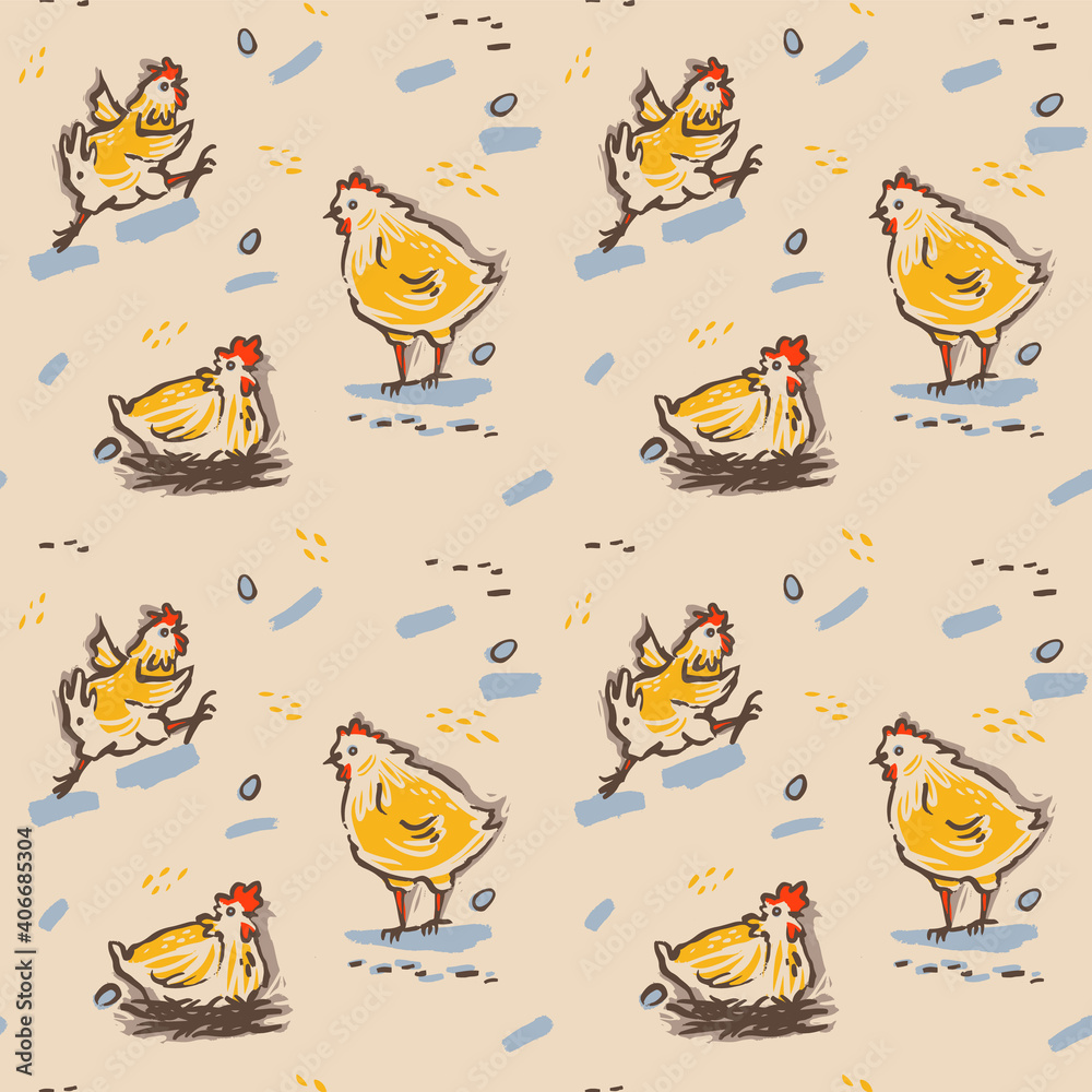 Seamless pattern of cute cartoon funny chickens. Farm chickens and eggs. Vector illustration collection design.