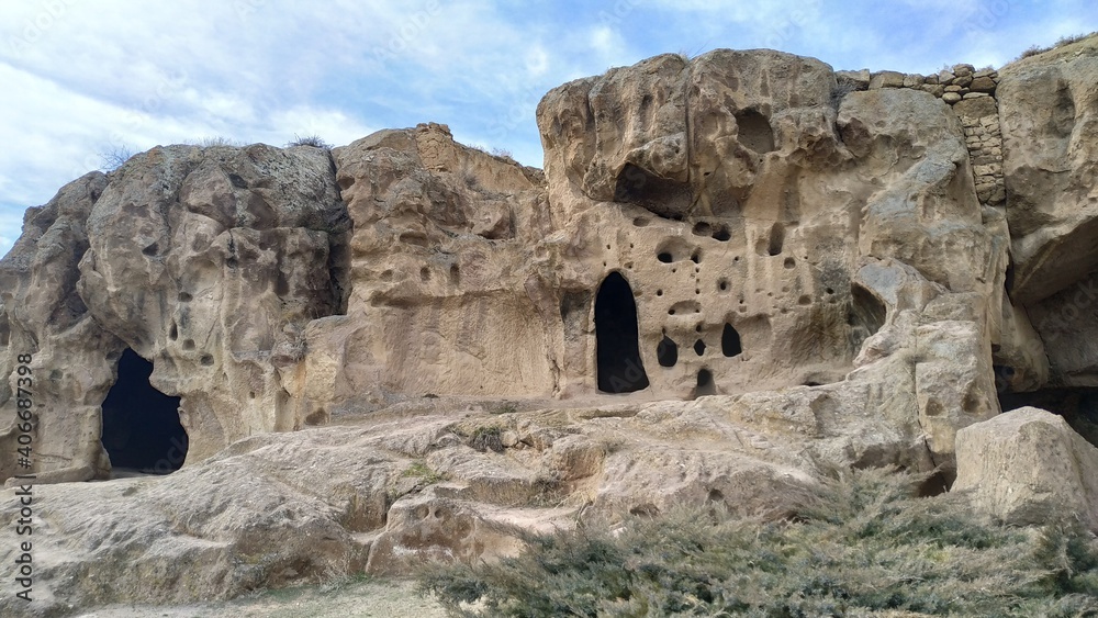 Outside view of Gumusler Underground Monastery in Nigde, Turkey.
