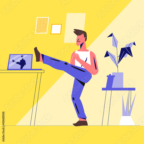 Man doing morning exercises, keeping fit indoors. Flat design illustration. Vector