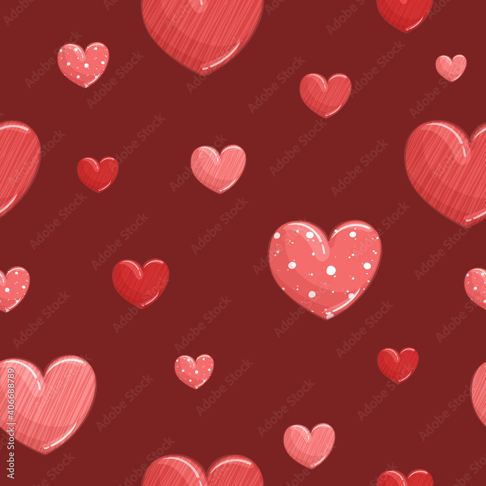 Seamless pattern with red striped hearts and red polka dot hearts on a dark red background. Simple vector background. Valentine's Day.
