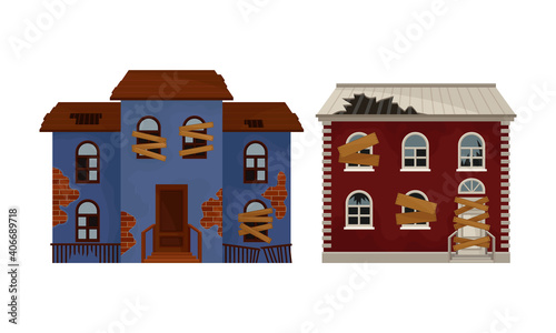 Abandoned Houses and Two-storeyed Buildings with Boarded up Windows and Ruined Roof Vector Set