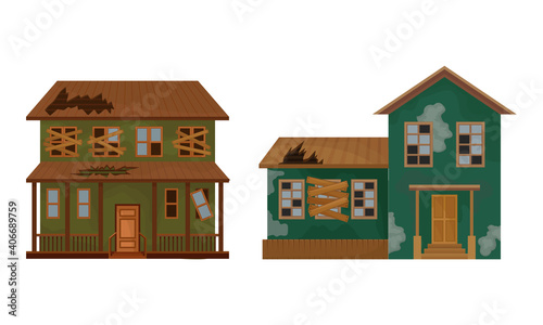 Abandoned Houses and Two-storeyed Buildings with Boarded up Windows and Ruined Roof Vector Set