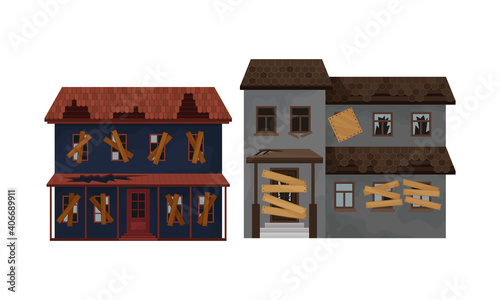 Abandoned Houses and Two-storeyed Buildings with Boarded up Windows and Ruined Roof Vector Set