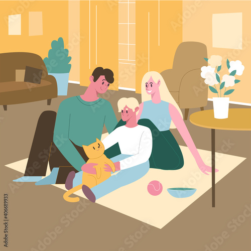 Tableau sur toile Family female and male with a grown-up kid on the floor