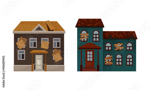 Abandoned Houses and Two-storeyed Buildings with Boarded up Windows and Ruined Roof Vector Set