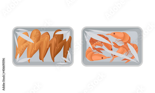 Chicken Wings and Shrimps in Plastic Serving Tray Vector Set