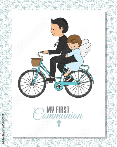First communion card.  Boy carrying an angel on the bicycle