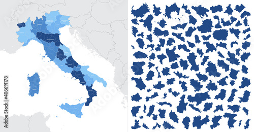 Detailed, vector, blue map of Italy on white background with administrative divisions into regions of the country