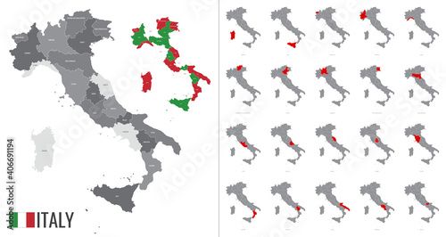 Detailed vector map of Italy regions with country flag