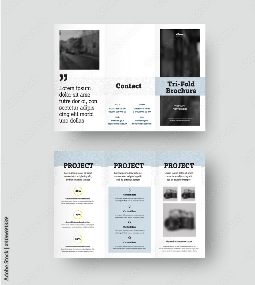 Fototapeta premium Vector trifold template with geometric design on white background, with realistic shadows, for advertising, business concept.