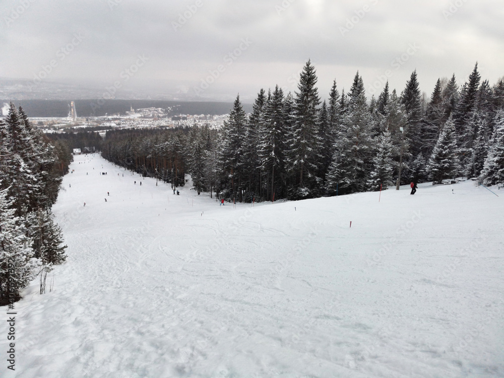 ski track on the background of the city of Zlatoust, Ural, Russia