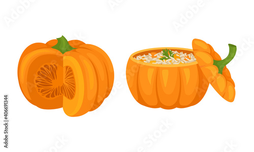 Stuffed with Rice Pumpkin as Seasonal Food Vector Set