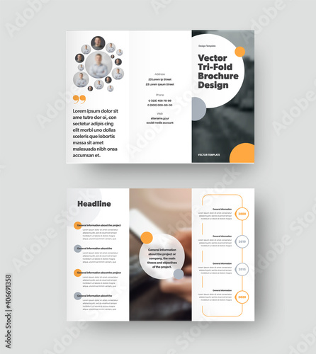 Vector trifold template with round color design elements on white background, creative brochure with realistic shadows for business.