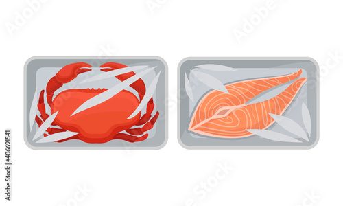Salmon Steak and Crab in Plastic Serving Tray Vector Set