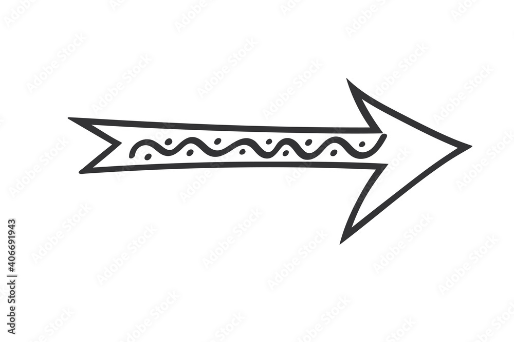 Hand drawn arrow in doodle style. Cute direction indicator. Isolated object on a white background. Hand drawn arrow in doodle style. Cute direction indicator. Isolated object on a white background.