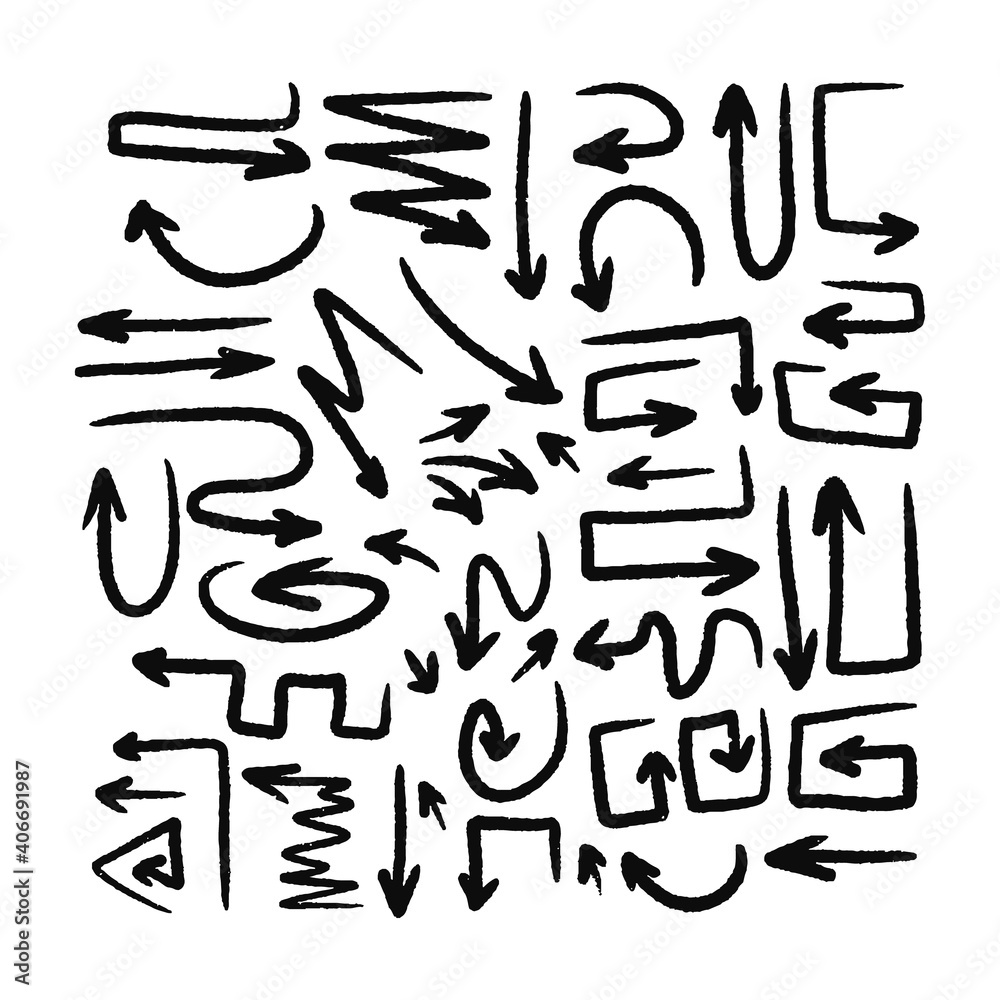 Black line arrows of different shapes and directions isolated on white background. Hand drawn arrows doodle direction mark. Black line arrows of different shapes and directions isolated on white background. Hand drawn arrows doodle direction mark.