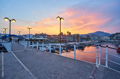 Fototapeta Naklejka Na Ścianę i Meble -  Marmaris marina landscape beautiful sunset citycape touristic destination view of Mugla city, Turkey.