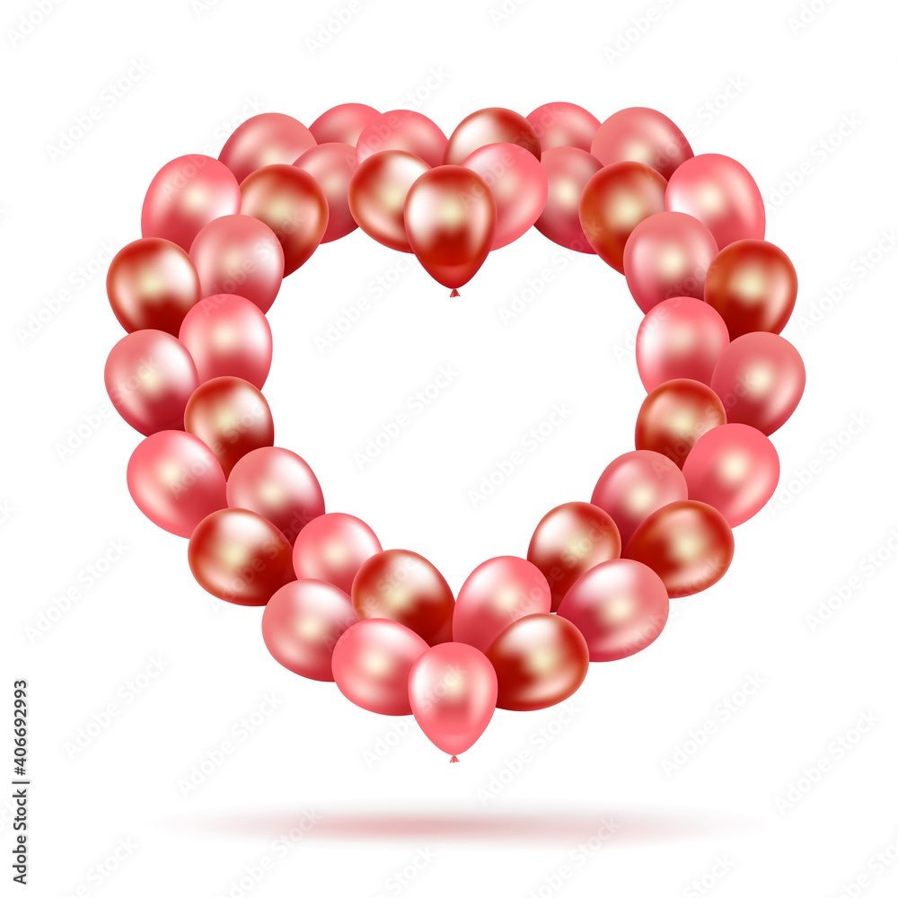 Obraz premium Bundle bouquet in the shape of a heart of pink and red balloons. Greeting card banner for Valentine s Day and International Women s Day. 3d realistic isolated on white background. Vector.