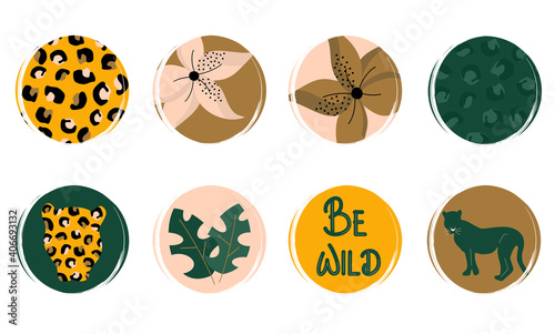 Vector set of logo design templates, icons and badges for social media highlight with cute jungle and wildlife elements	