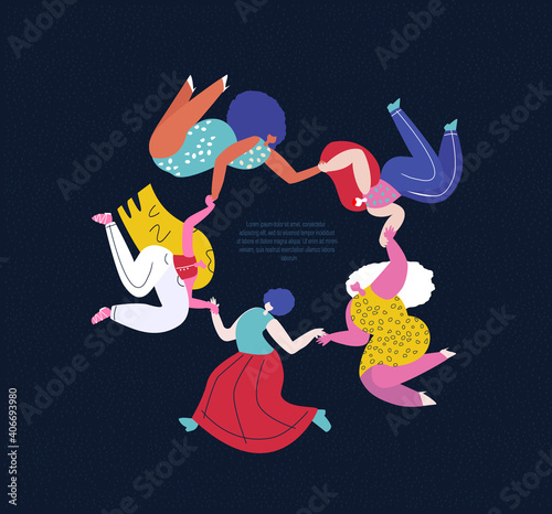 Happy International Woman Day.Feminism concept.Bright Different Dancing Girl Holding Hand in Circle.Eight of March Celebration.Protect Each Other.Free Confident Women.Feminine Empowerment Illustration photo