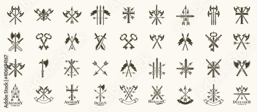 Weapon logos big vector set  vintage heraldic military emblems collection  classic style heraldry design elements  ancient knives spears and axes symbols.