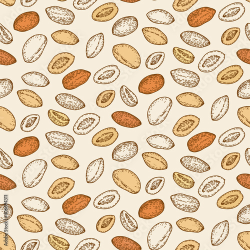 Seamless pattern with Peanut, nuts and leaves. Graphic hand drawn engraving style. Botanical illustration for packaging, menu cards, posters, prints.