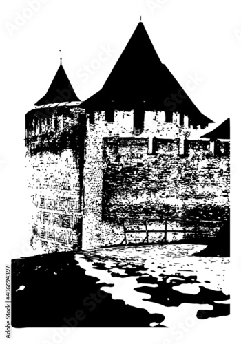 Silhouette of the towers of the ancient fortress and paved road Vector illustration for design