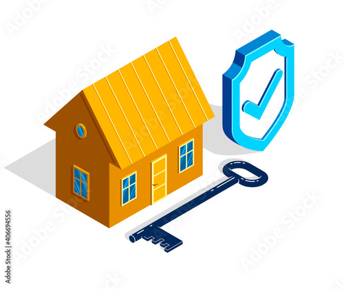 Real estate protection house simple vector 3d isometric illustration isolated on white, realty insurance concept, icon or logo.
