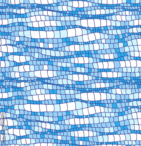 abstract seamless pattern, blue waves, textured water surface, decorative mosaic, design for textile and fabric, vector illustration with colored contour lines in doodle & hand drawn style