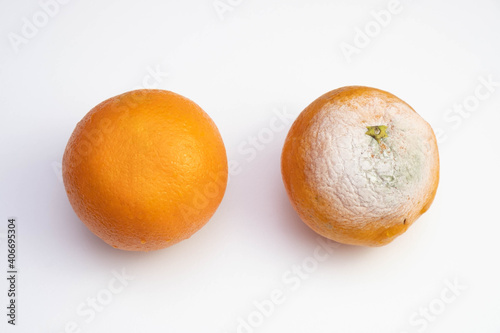 one fresh and one rotten orange lie on the table