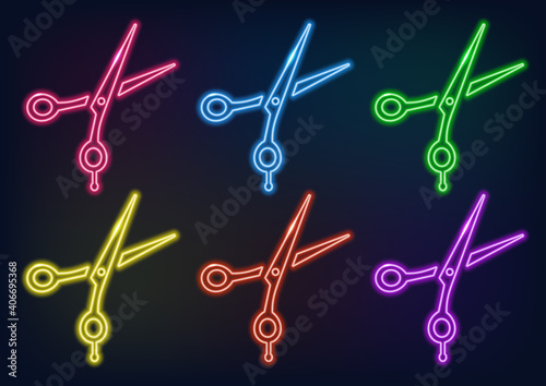 Neon frame. Set of neon scissors in different colors. Laser glowing lines on a black background.