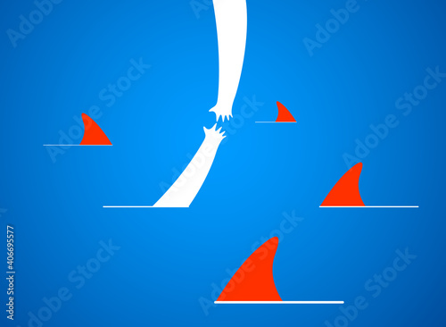 Help and empathy concept two hands helping one another to get out from sea full of sharks vector simple minimal illustration, care give aid, friendship understanding, support.