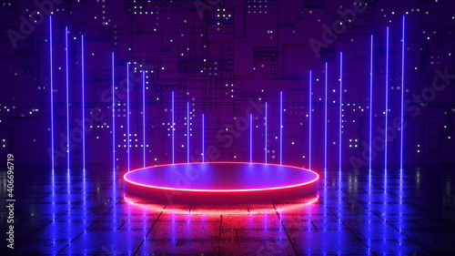 Neon background, a space illuminated by blue neon light, ultraviolet light. Podium with red neon light.